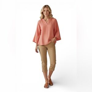 Karyn Seo Coral Cotton Popover Tunic Split Neckline Raw Hem Wide Sleeve Orange